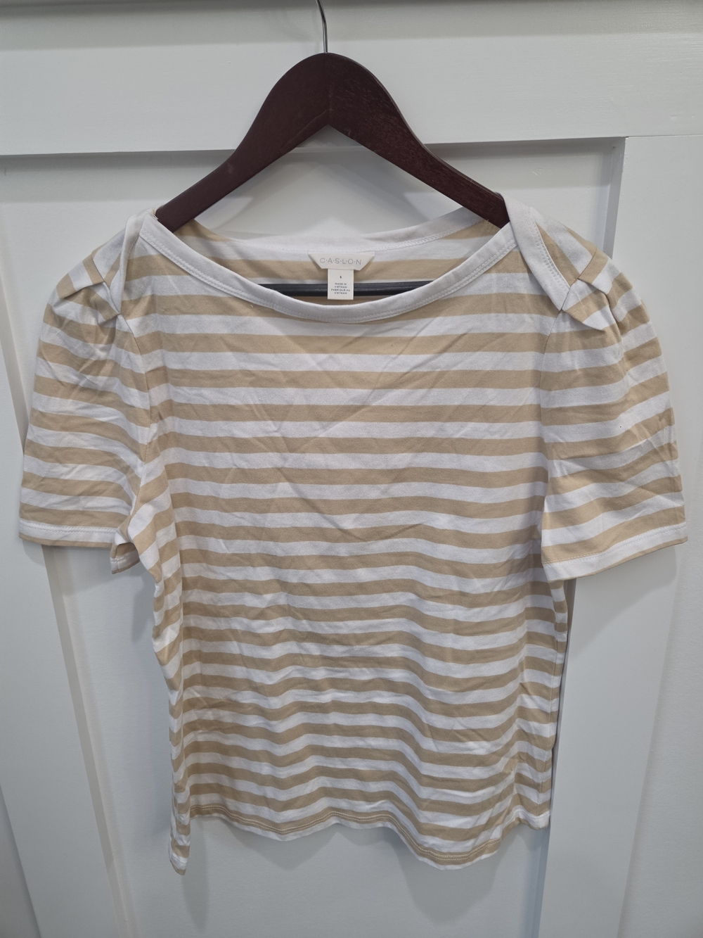Caslon Beige and White Striped Short Sleeve Top